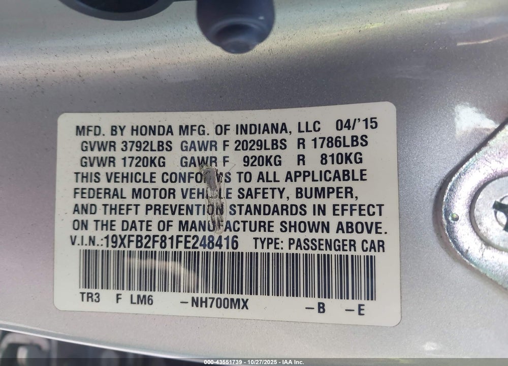 2015 HONDA CIVIC EX VIN: 19XFB2F81FE248416