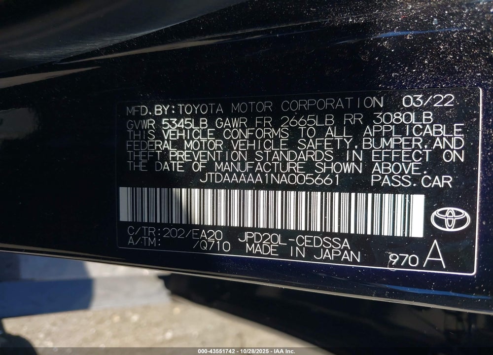 2022 TOYOTA MIRAI XLE VIN: JTDAAAAA1NA005661