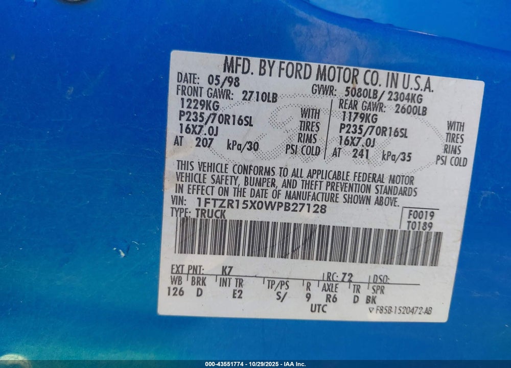 1998 FORD RANGER SPLASH/XL/XLT VIN: 1FTZR15X0WPB27128