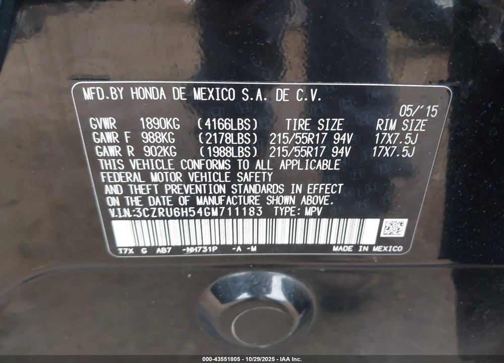 2016 HONDA HR-V EX VIN: 3CZRU6H54GM711183