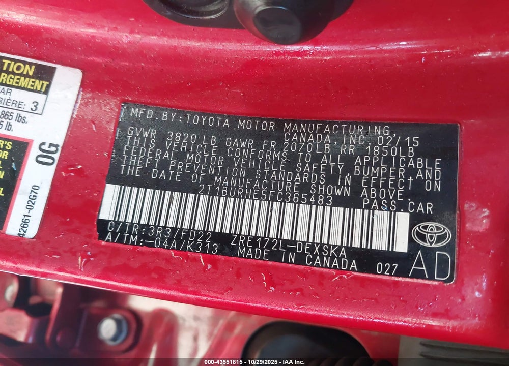 2015 TOYOTA COROLLA S VIN: 2T1BURHE5FC365483