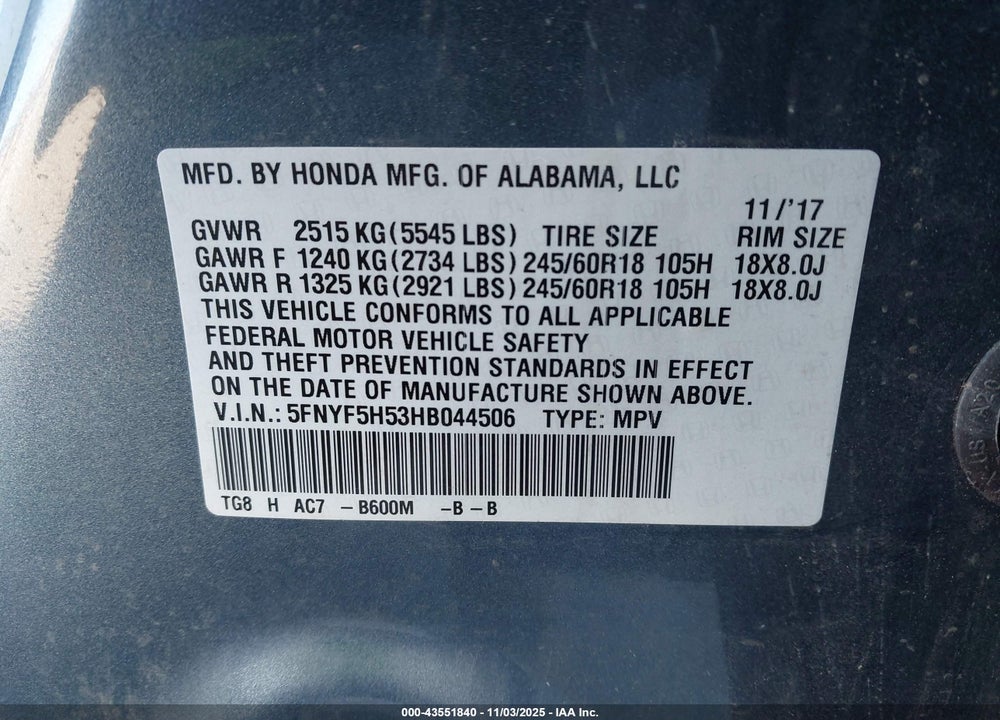 2017 HONDA PILOT EX-L VIN: 5FNYF5H53HB044506