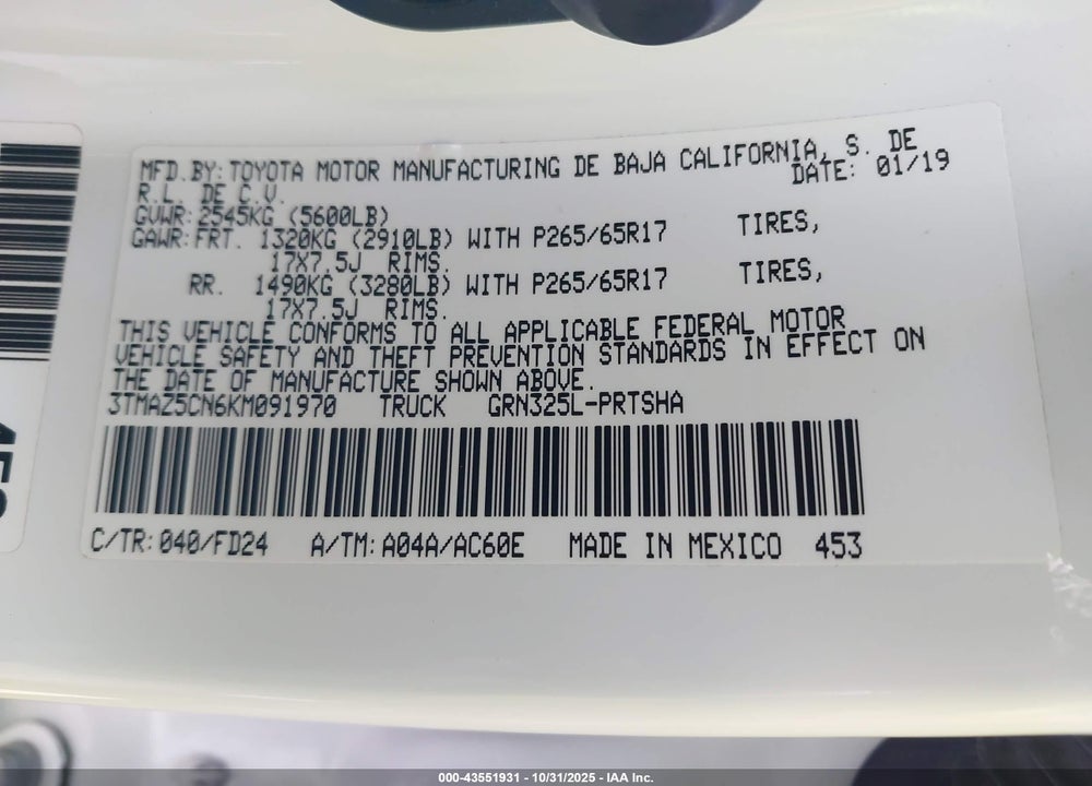 2019 TOYOTA TACOMA TRD SPORT VIN: 3TMAZ5CN6KM091970