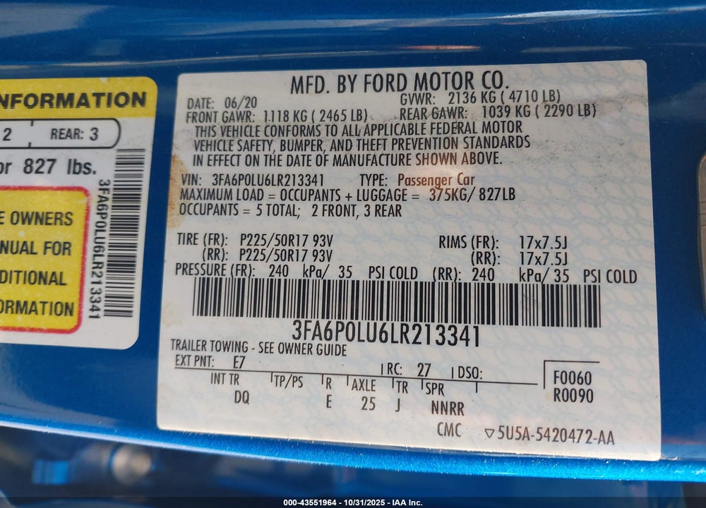 2020 FORD FUSION HYBRID SE VIN: 3FA6P0LU6LR213341
