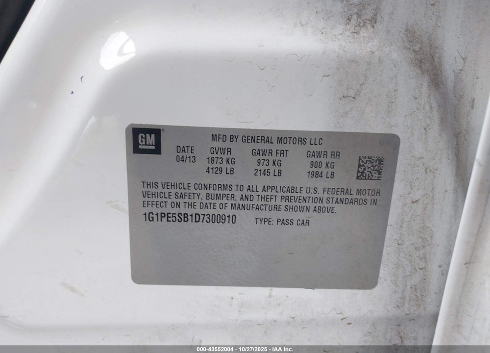 2013 CHEVROLET CRUZE VIN: 1G1PE5SB1D7300910