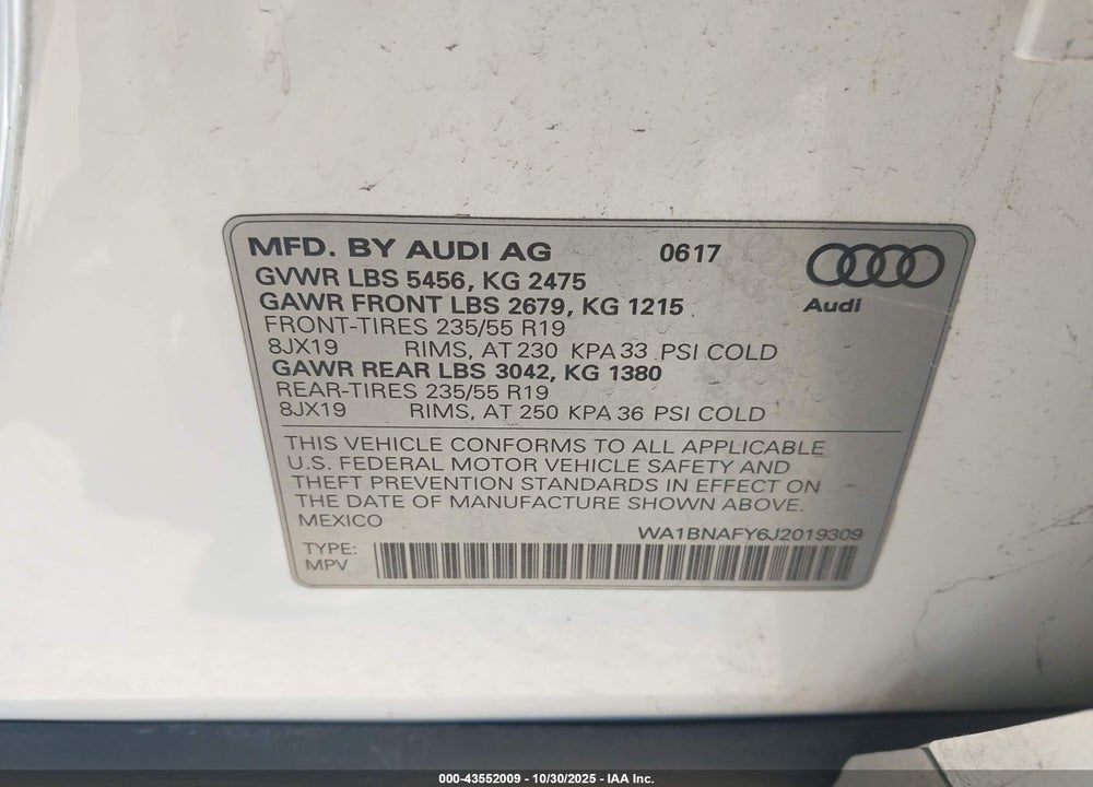 2018 AUDI Q5 2.0T PREMIUM/2.0T TECH PREMIUM VIN: WA1BNAFY6J2019309