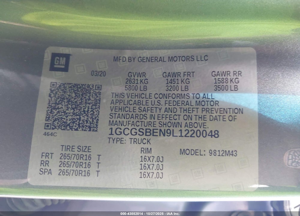 2020 CHEVROLET COLORADO VIN: 1GCGSBEN9L1220048