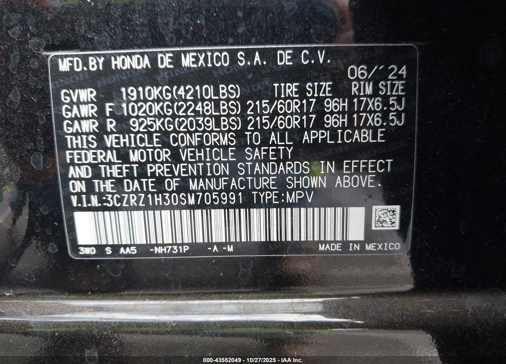 2025 HONDA HR-V VIN: 3CZRZ1H30SM705991
