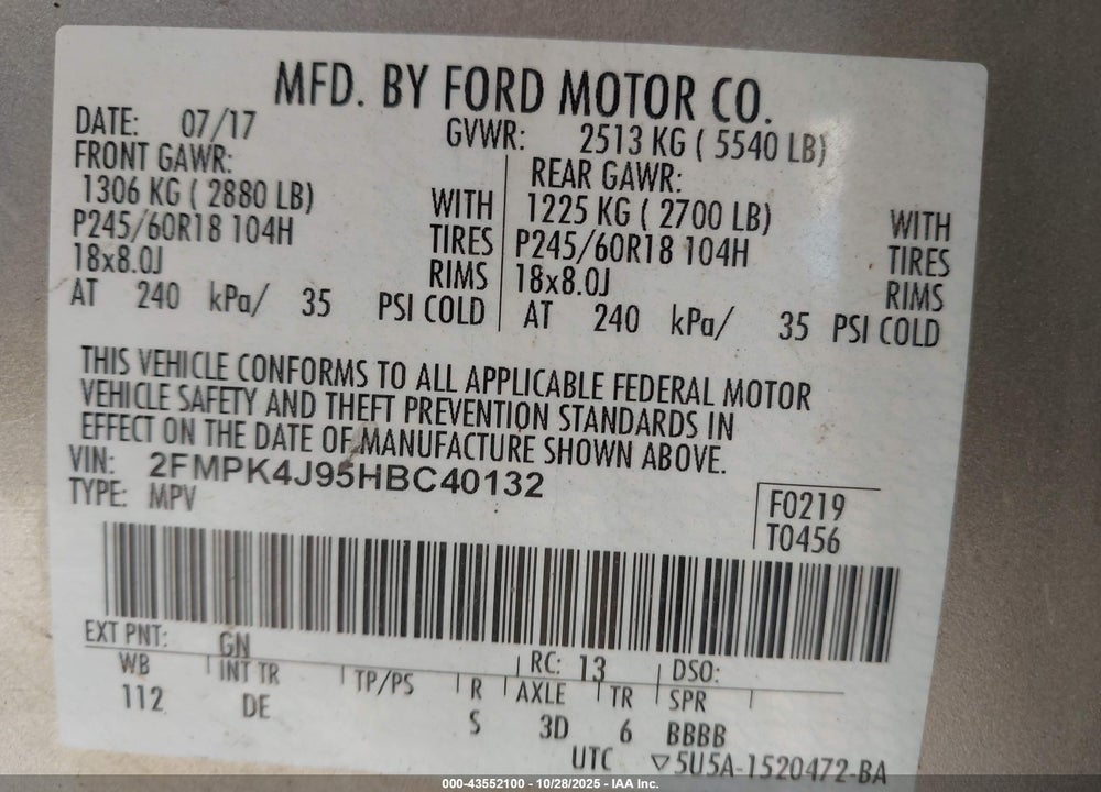 2017 FORD EDGE SEL VIN: 2FMPK4J95HBC40132