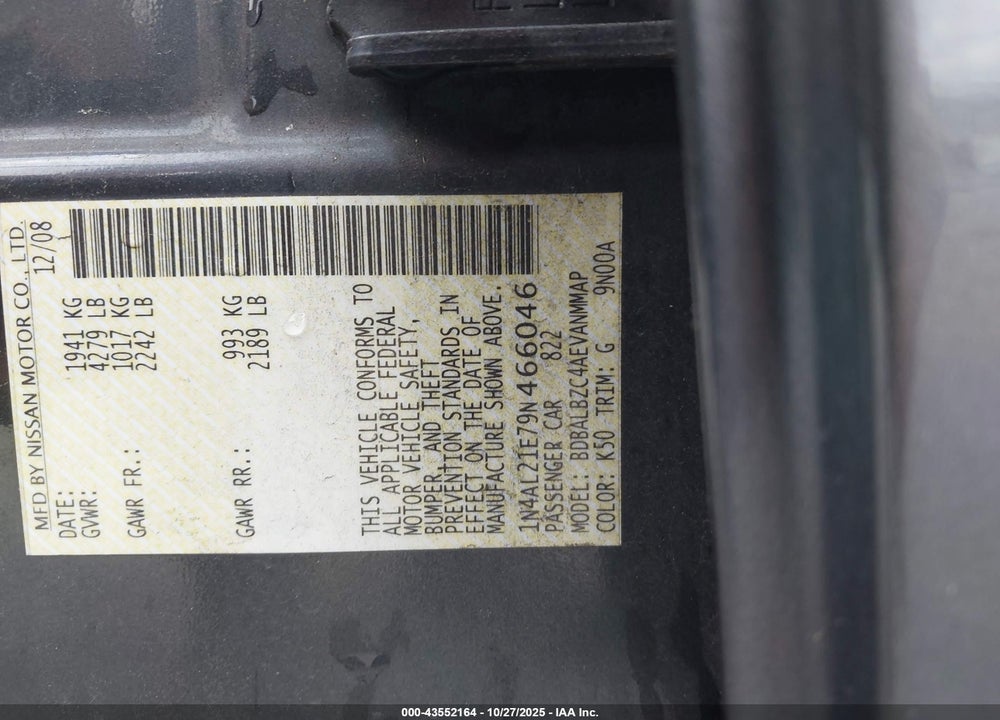 2009 NISSAN ALTIMA VIN: 1N4AL21E79N466046