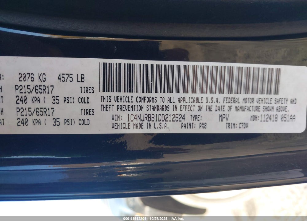2013 JEEP PATRIOT VIN: 1C4NJRBB1DD212524