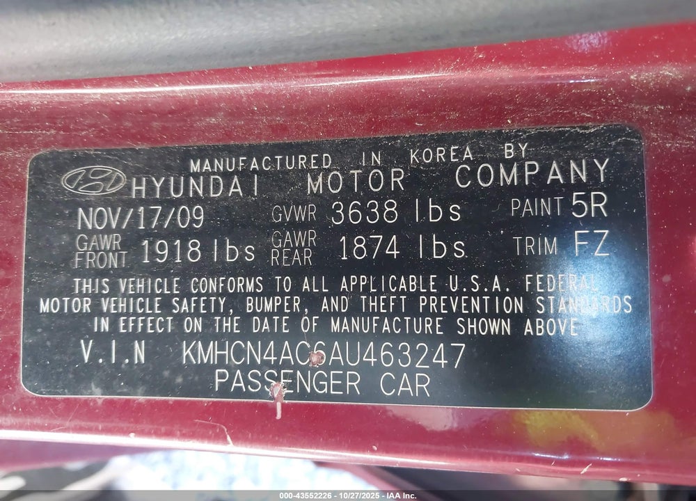 2010 HYUNDAI ACCENT VIN: KMHCN4AC6AU463247