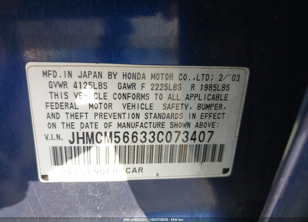 2003 HONDA ACCORD 2.4 EX VIN: JHMCM56633C073407