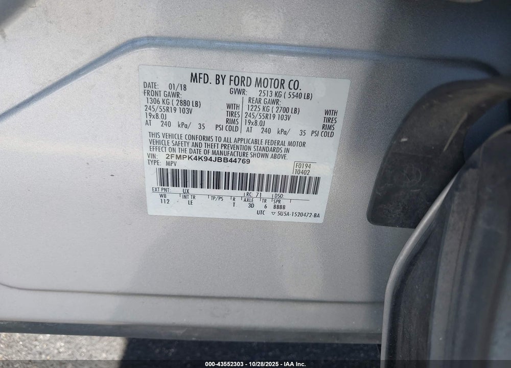 2018 FORD EDGE TITANIUM VIN: 2FMPK4K94JBB44769
