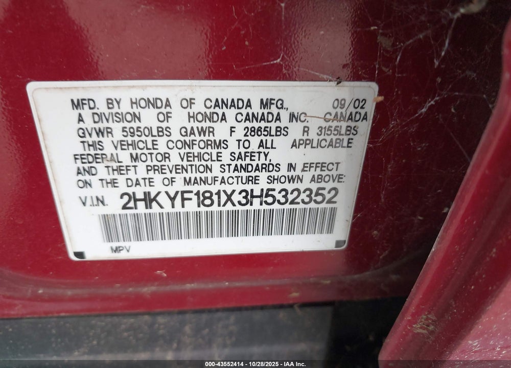 2003 HONDA PILOT VIN: 2HKYF181X3H532352