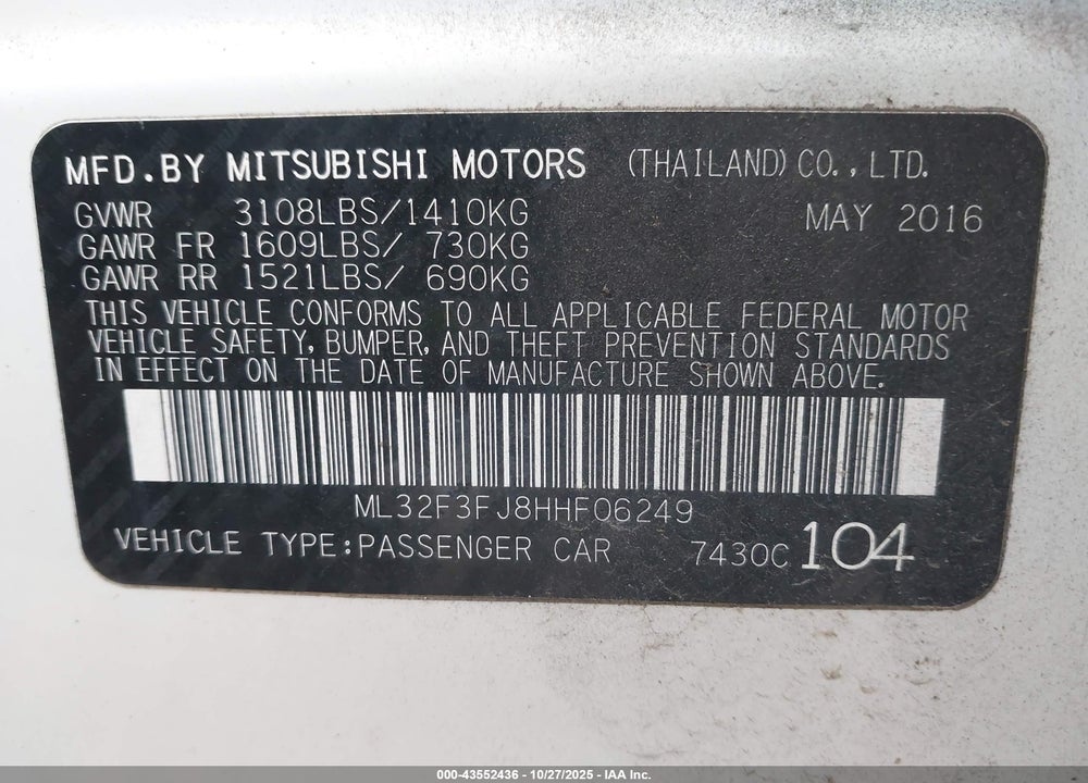 2017 MITSUBISHI MIRAGE G4 ES VIN: ML32F3FJ8HHF06249