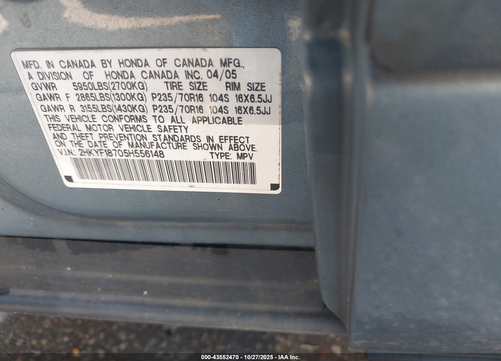 2005 HONDA PILOT EX-L VIN: 2HKYF18705H556148