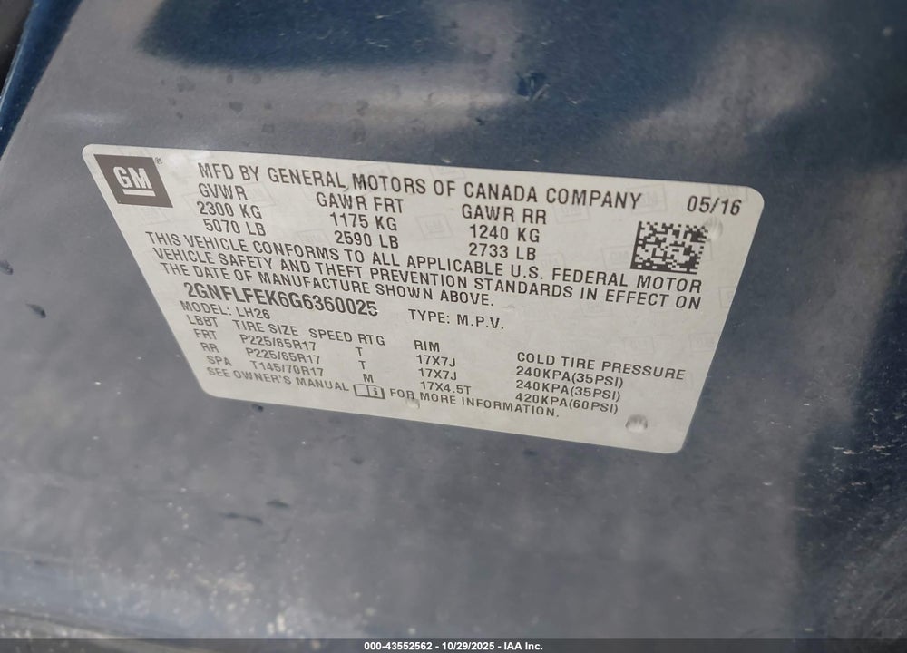 2016 CHEVROLET EQUINOX LT VIN: 2GNFLFEK6G6360025