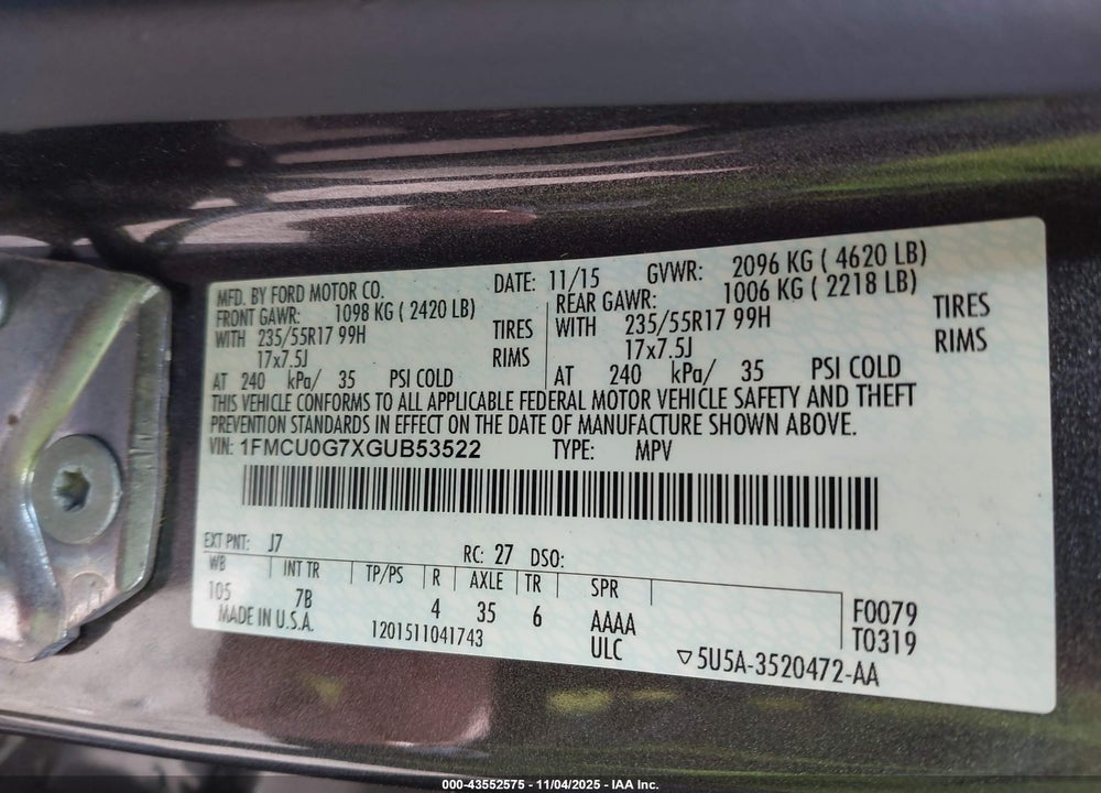 2016 FORD ESCAPE SE VIN: 1FMCU0G7XGUB53522