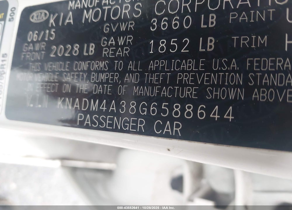 2016 KIA RIO VIN: KNADM4A38G6588644