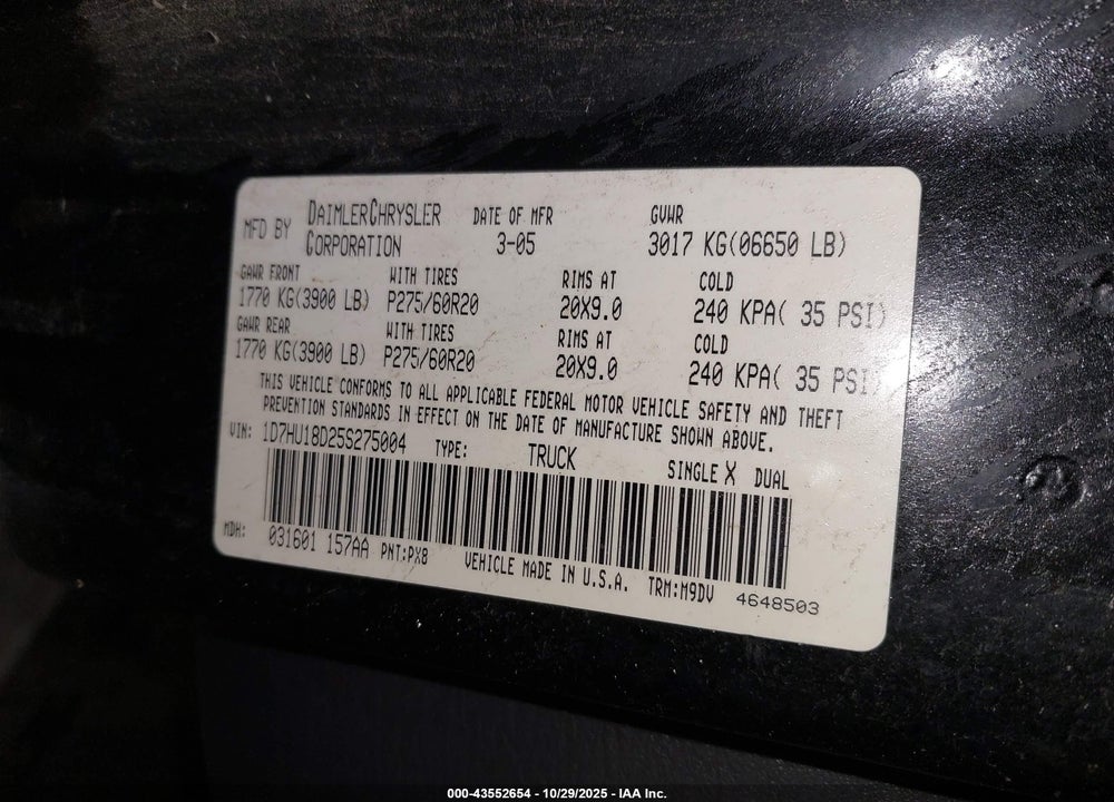 2005 DODGE RAM 1500 SLT/LARAMIE VIN: 1D7HU18D25S275004