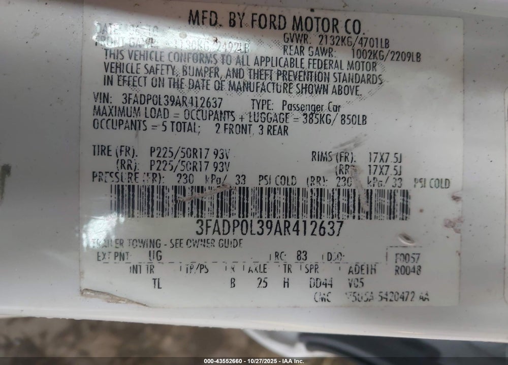 2010 FORD FUSION HYBRID VIN: 3FADP0L39AR412637