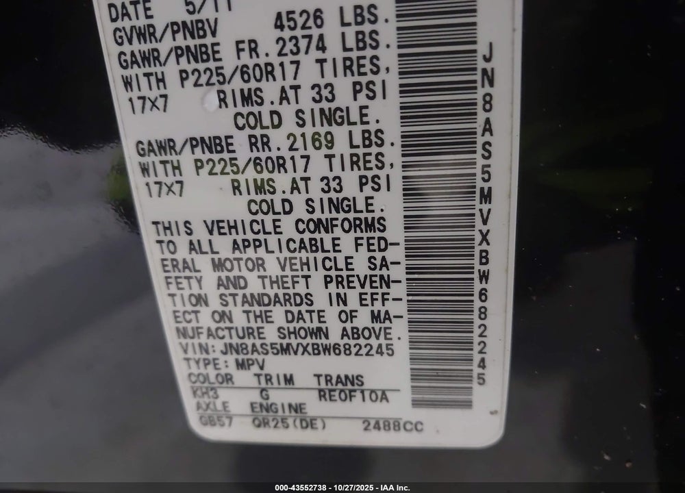 2011 NISSAN ROGUE VIN: JN8AS5MVXBW682245