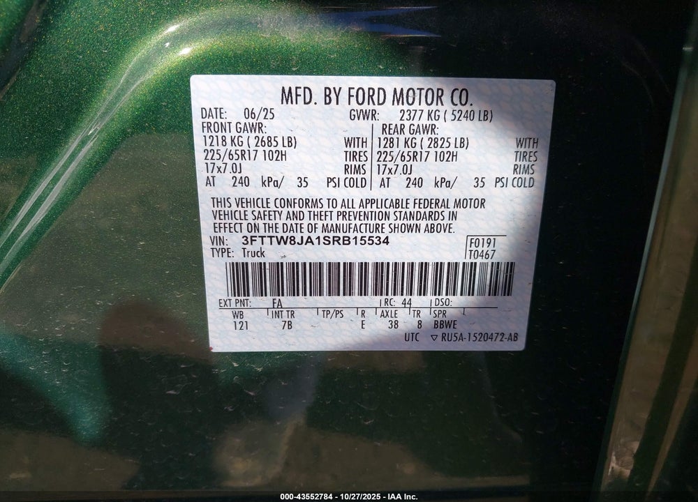 2025 FORD MAVERICK VIN: 3FTTW8JA1SRB15534
