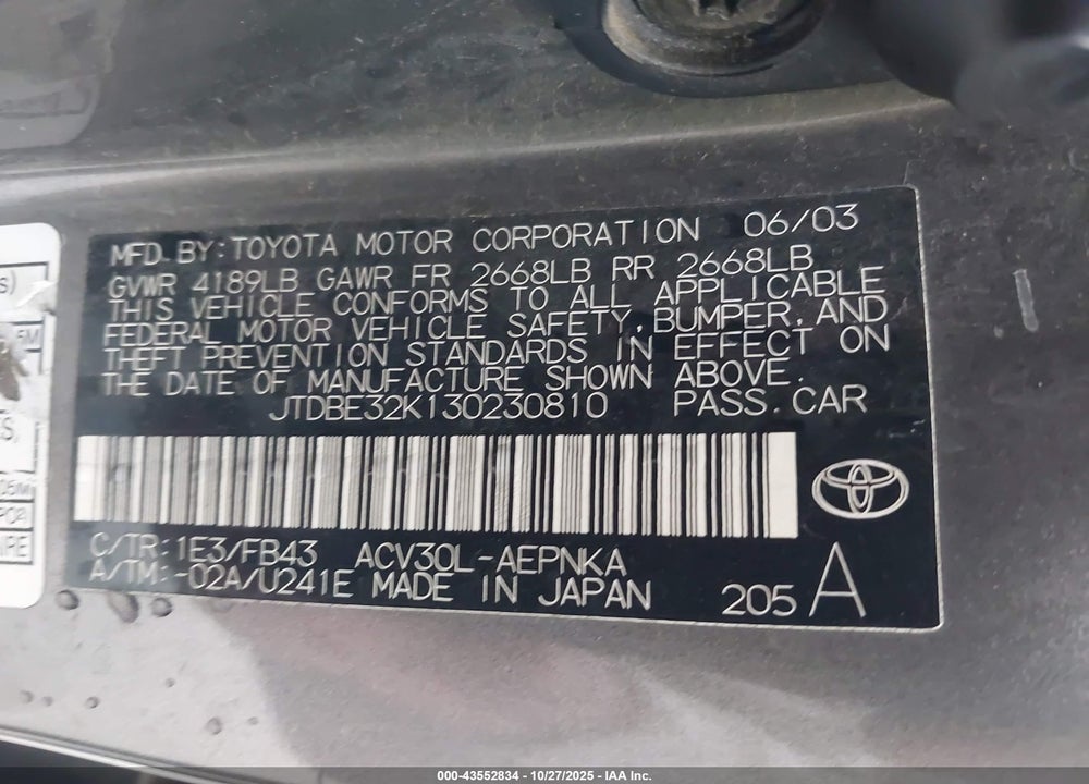 2003 TOYOTA CAMRY LE VIN: JTDBE32K130230810