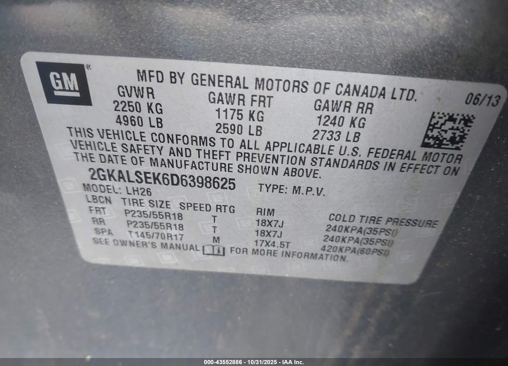 2013 GMC TERRAIN SLE-2 VIN: 2GKALSEK6D6398625