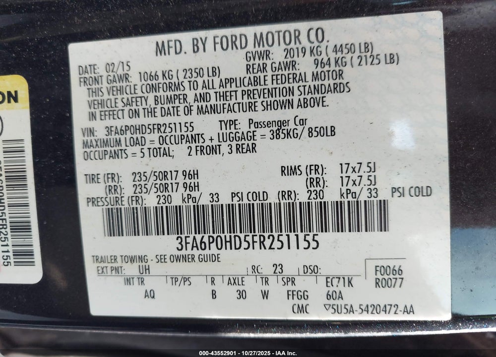 2015 FORD FUSION SE VIN: 3FA6P0HD5FR251155