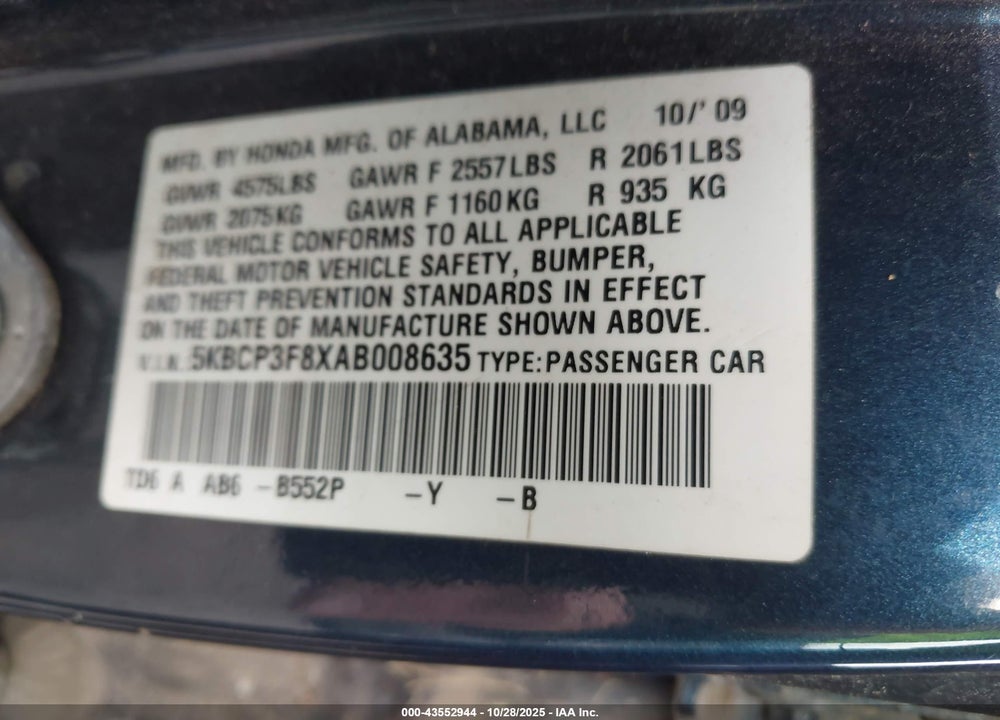 2010 HONDA ACCORD 3.5 EX-L VIN: 5KBCP3F8XAB008635