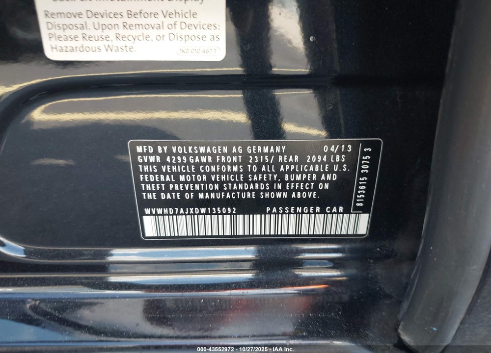 2013 VOLKSWAGEN GTI DRIVERS EDITION VIN: WVWHD7AJXDW135092