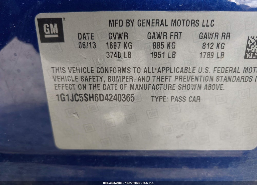 2013 CHEVROLET SONIC VIN: 1G1JC5SH6D4240365