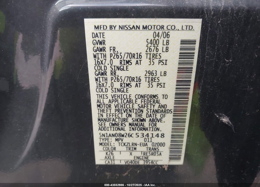 2006 NISSAN XTERRA VIN: 5N1AN08W26C534148