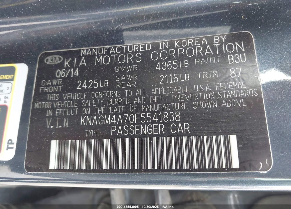 2015 KIA OPTIMA LX VIN: KNAGM4A70F5541838