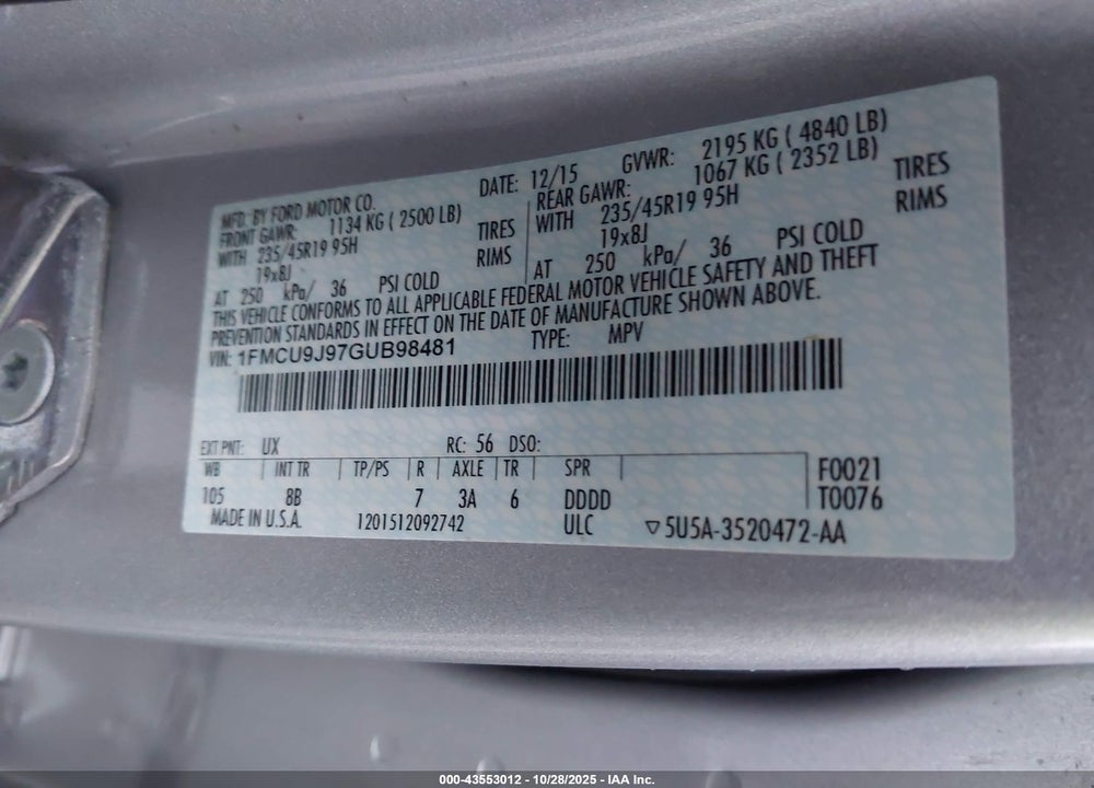 2016 FORD ESCAPE VIN: 1FMCU9J97GUB98481