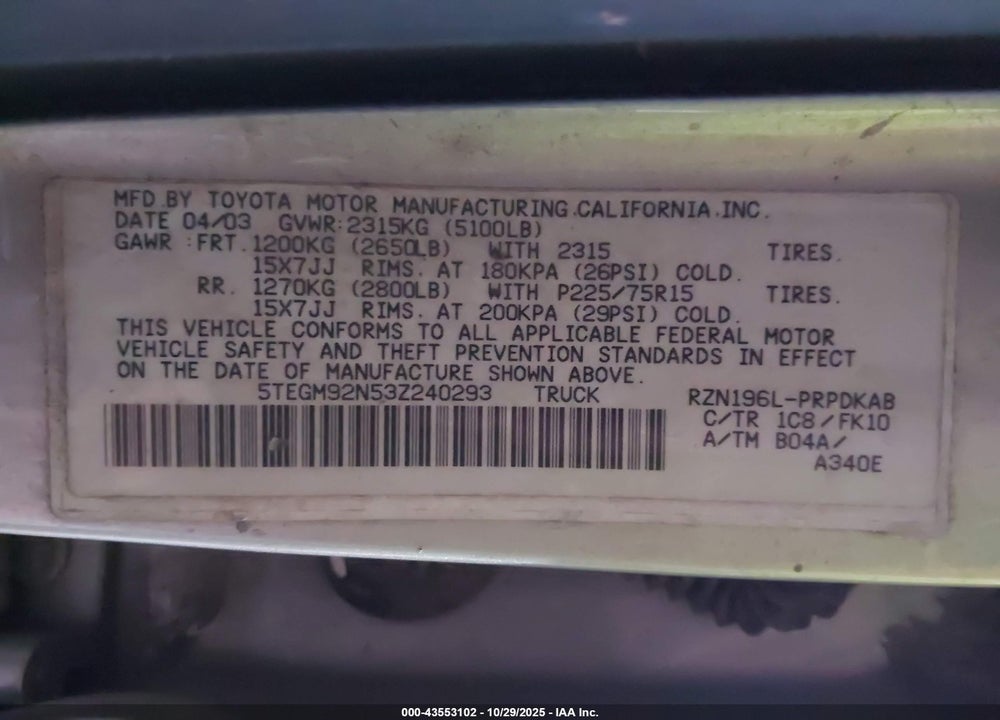 2003 TOYOTA TACOMA PRERUNNER VIN: 5TEGM92N53Z240293