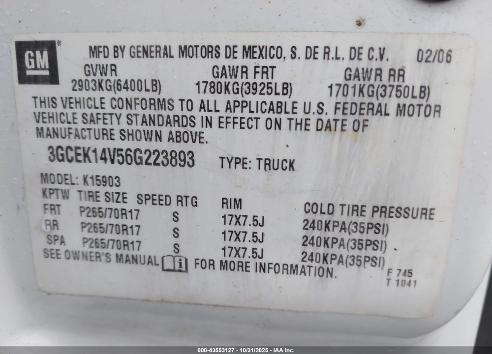 2006 CHEVROLET SILVERADO 1500 VIN: 3GCEK14V56G223893