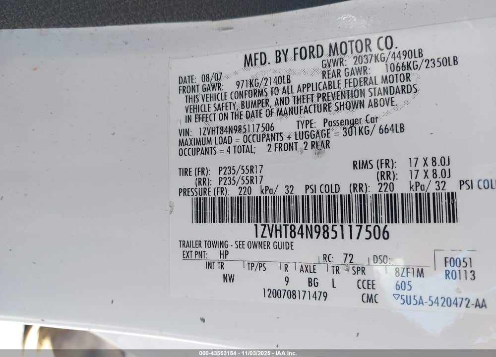 2008 FORD MUSTANG V6 DELUXE/V6 PREMIUM VIN: 1ZVHT84N985117506
