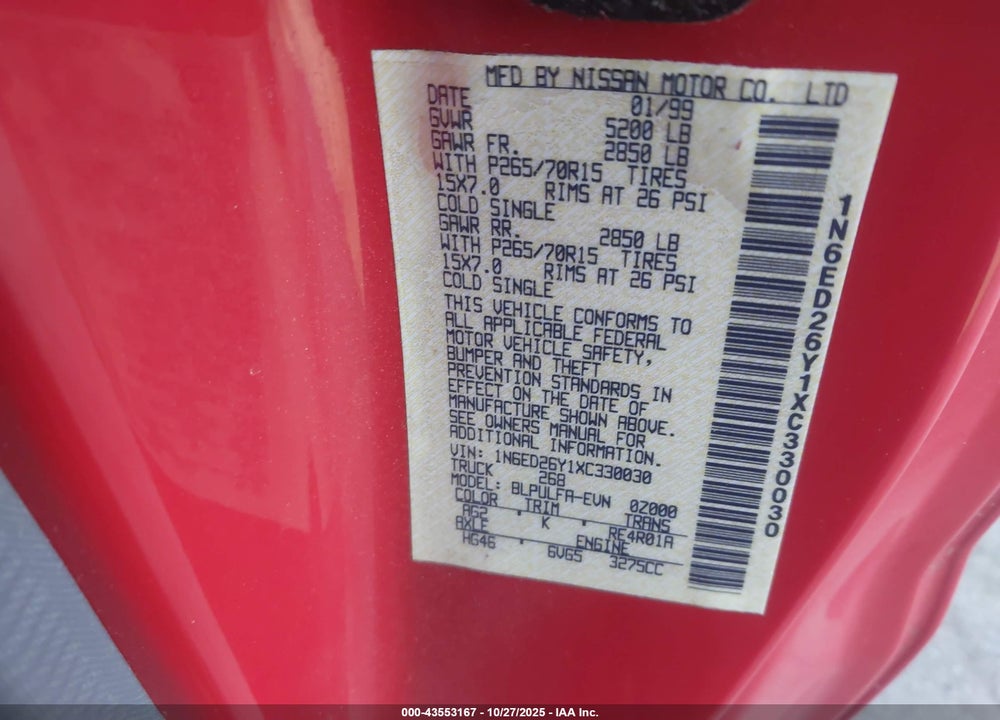 1999 NISSAN FRONTIER SE-V6/XE-V6 VIN: 1N6ED26Y1XC330030