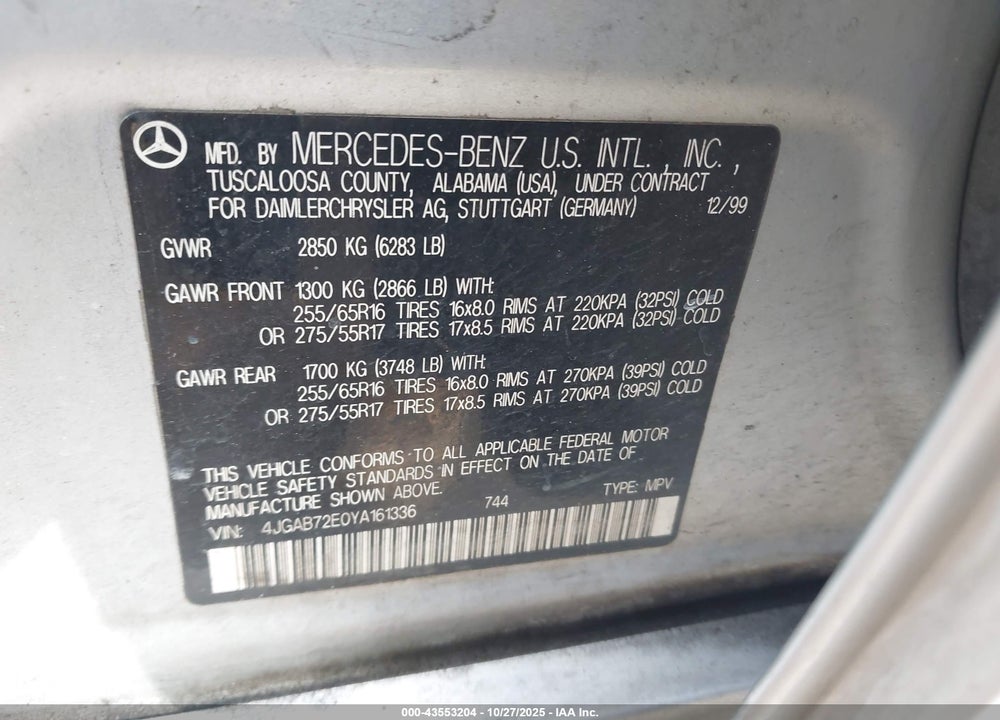 2000 MERCEDES-BENZ ML 430 VIN: 4JGAB72E0YA161336