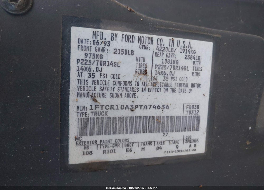 1993 FORD RANGER VIN: 1FTCR10A3PTA74636