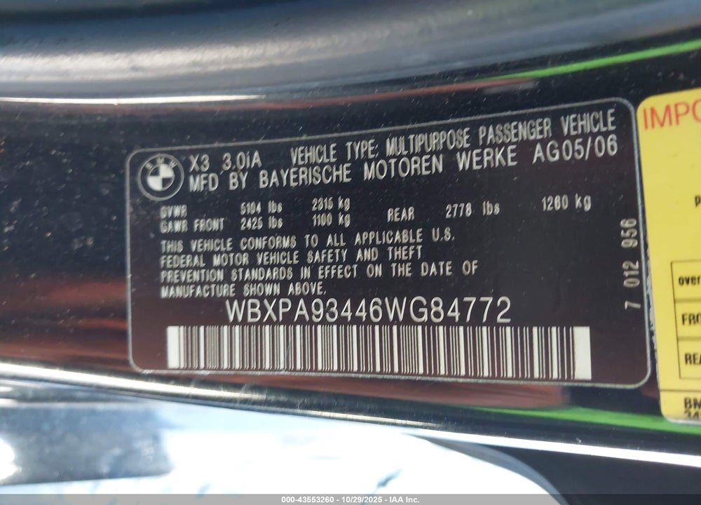 2006 BMW X3 VIN: WBXPA93446WG84772