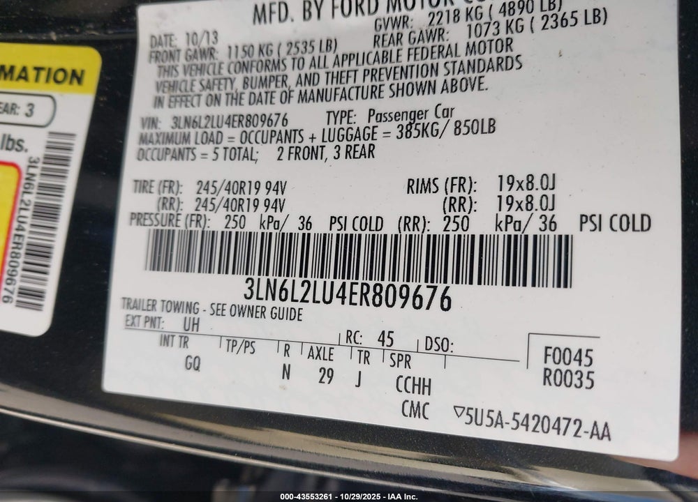 2014 LINCOLN MKZ HYBRID VIN: 3LN6L2LU4ER809676