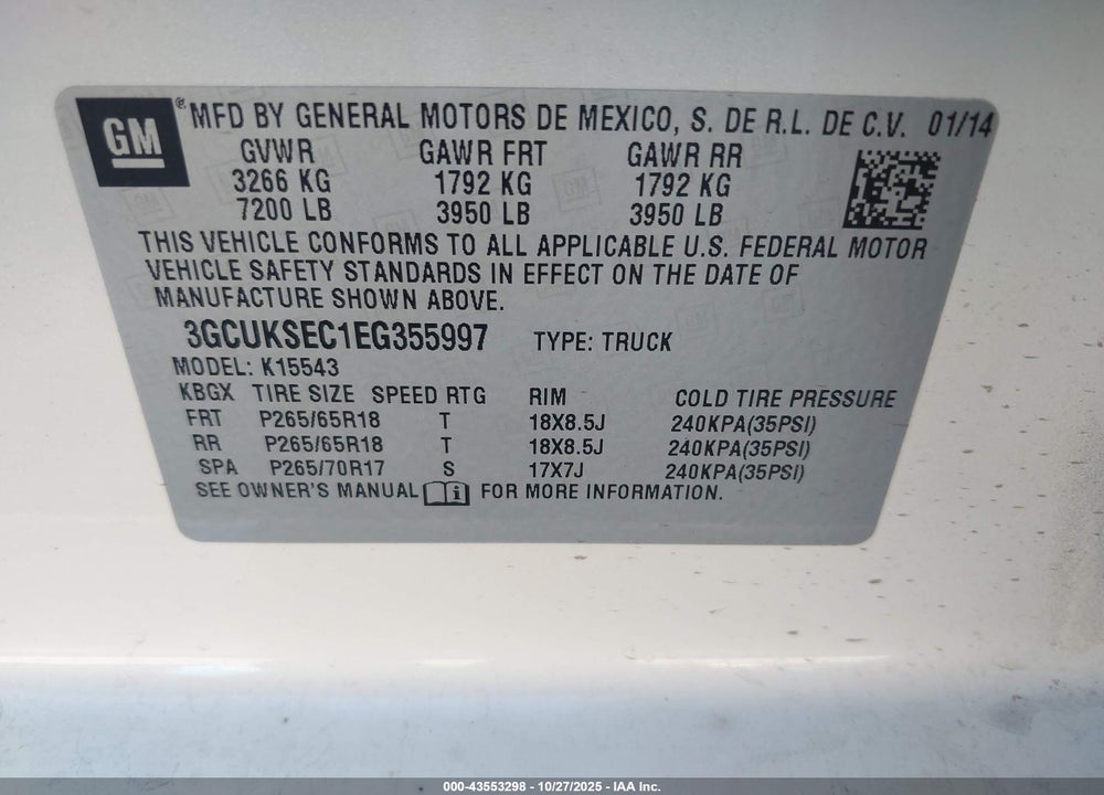 2014 CHEVROLET SILVERADO 1500 2LZ VIN: 3GCUKSEC1EG355997