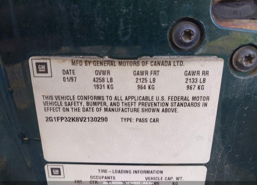 1997 CHEVROLET CAMARO VIN: 2G1FP32K8V2130290