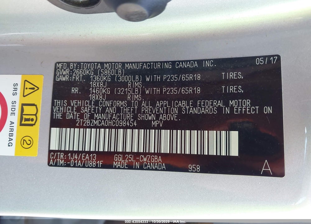 2017 LEXUS RX 350 VIN: 2T2BZMCA0HC098454