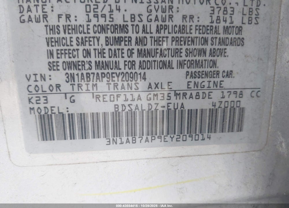 2014 NISSAN SENTRA SV VIN: 3N1AB7AP9EY209014