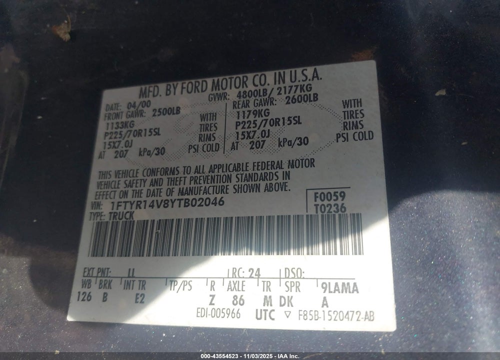 2000 FORD RANGER XL/XLT VIN: 1FTYR14V8YTB02046